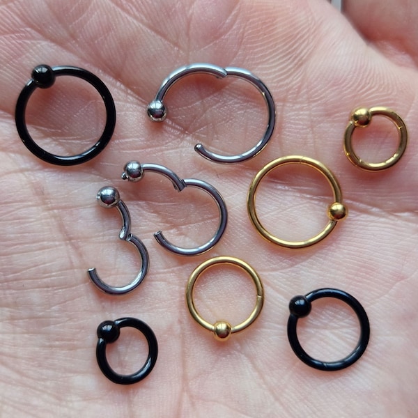 Surgical Steel Clicker Ring with Ball Silver Gold Black 6mm 8mm 10mm Thick 1.2mm Hinged Hoop Top Ear Piercing Nose Ear Segment Ring Ball