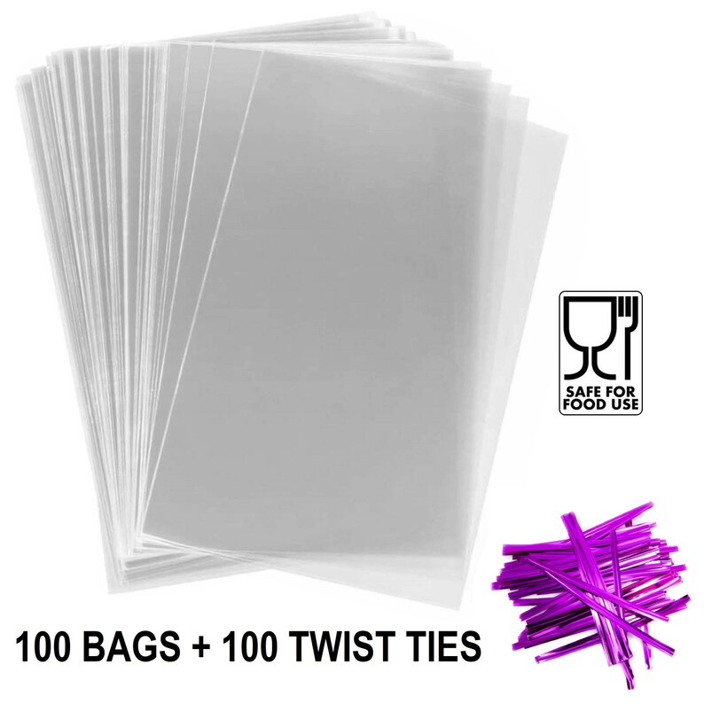100 Clear Cellophane Bags With Twist Ties: Food Safe Treat Display ...