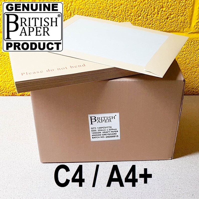 May include: A brown cardboard box with a stack of envelopes on top. The box is labeled "British Paper" and has the text "QTY: 125PCS/CTN, SIZE: 324mm x 229mm, 120GSM KRAFT PAPER, 400GSM GREYBOARD, BATCH NO.: 20200915" printed on it. The box is labeled "C4/A4+" on the bottom.