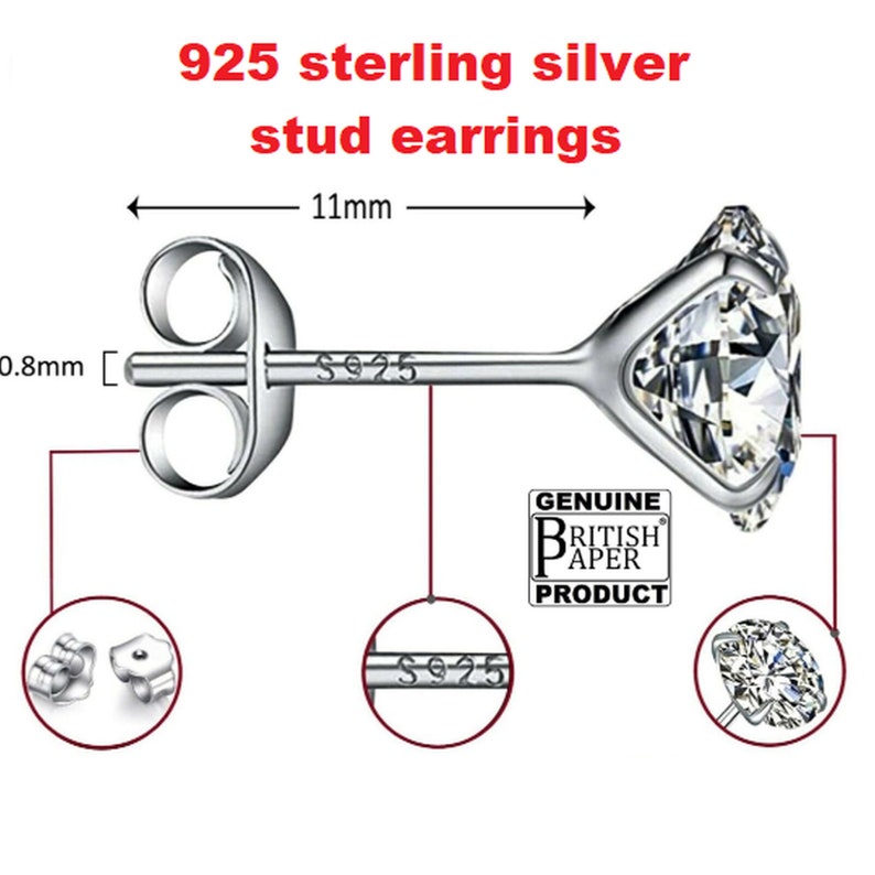 Pair of 925 Sterling Silver Stud Earrings for Women for Girls for Men Silver Studs Earrings with CZ Crystals Sold in Pairs with Backs image 9