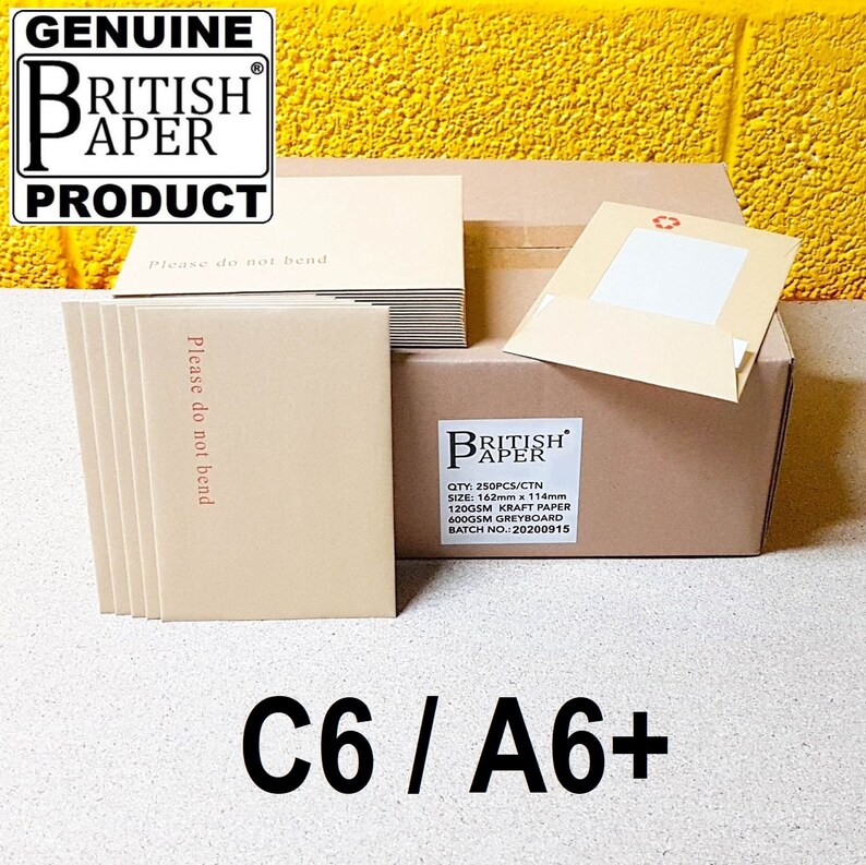 May include: A box of 250 C6/A6+ envelopes made from 120gsm kraft paper with a 600gsm greyboard backing. The box is brown and has a label with the text "Genuine British Paper Product" and "QTY: 250PCS/CTN, SIZE: 162mm x 114mm, 120GSM KRAFT PAPER, 600GSM GREYBOARD, BATCH NO.: 20200915".
