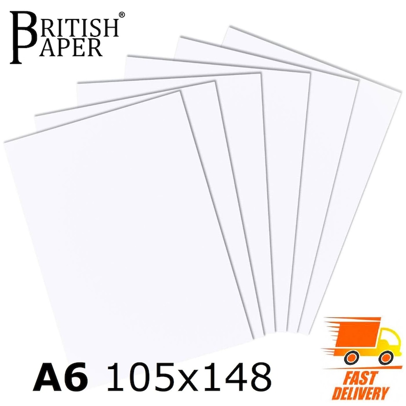 May include: A pack of 10 white A6 paper sheets, measuring 105x148 mm, with the text "BRITISH PAPER" printed in black at the top.