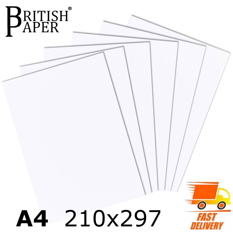 May include: A pack of 10 white A4 paper sheets, measuring 210x297 mm, with the text "BRITISH PAPER" and "FAST DELIVERY" printed on the packaging.
