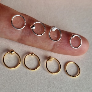 925 Sterling Silver Nose Ring Thin Hoop with Ball Real Silver Small Nose Ring 8mm 10mm Upper Ear Hoop Earring Gold Plated Silver Piercing