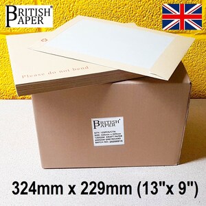 May include: A box of 125 kraft paper envelopes in a brown cardboard box. The envelopes are 13 inches by 9 inches and are labeled "British Paper". The box is labeled with the quantity, size, paper type, and batch number.