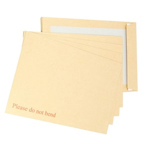 May include: A stack of brown envelopes with a white strip on the top flap. The envelopes have the text "Please do not bend" printed on the front.