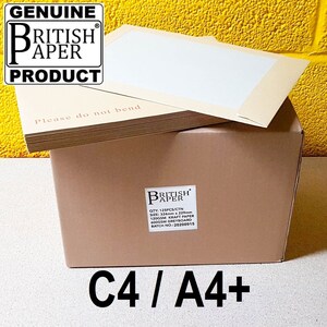 May include: A brown cardboard box with a stack of envelopes on top. The box is labeled "British Paper" and has the text "QTY: 125PCS/CTN, SIZE: 324mm x 229mm, 120GSM KRAFT PAPER, 400GSM GREYBOARD, BATCH NO.: 20200915" printed on it. The box is labeled "C4/A4+" on the bottom.