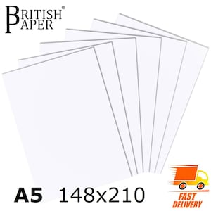 May include: A pack of 5 white A5 paper sheets, measuring 148x210 mm, with the text "BRITISH PAPER" and "A5 148x210" printed on the bottom.