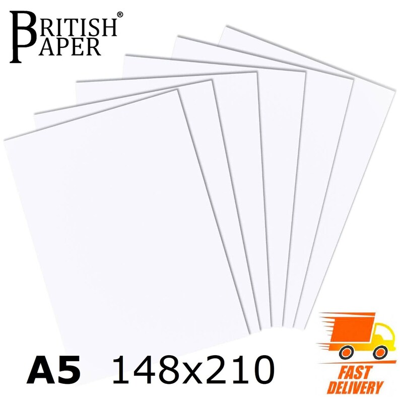 May include: A pack of 5 white A5 paper sheets, measuring 148x210 mm, with the text "BRITISH PAPER" and "A5 148x210" printed on the bottom.