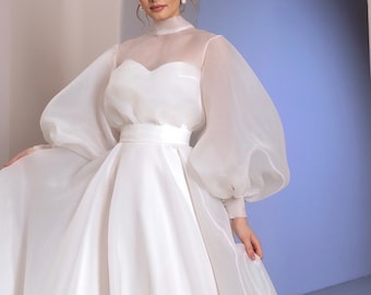 Simple Long Sleeve Wedding Dress | Ivory Wedding Dress | Long Sleeve Maxi Wedding Dress | Organza wedding dress |Wedding dress in boho style