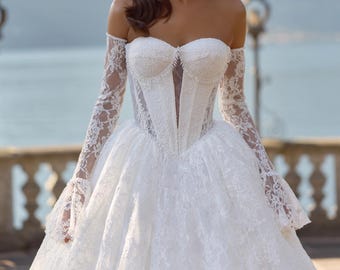 Chantilly Lace Wedding Dress • Princess Ball Gown Bridal Dress • Off Shoulder Corset Gown • Basque Waist Wedding Gown with Sleeves