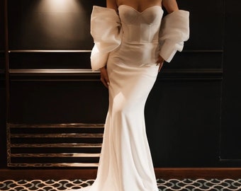 Elegant wedding dress| Off-the-shoulder corset | skirt with train | Classic wedding dress | airy bow - cape | Crepe wedding dress