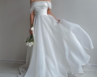 Long organza wedding dress, Drop Sleeve Organza Wedding Dress, Off Shoulder Wedding Dress, dress with train, elopement dress, romantic dress