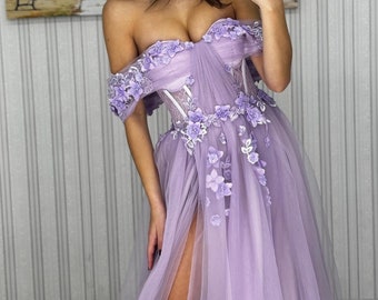 Lavender Off-Shoulder Evening Gown with Floral Appliqué and Thigh-High Slit, Elegant Tulle A-Line Prom Dress, bridesmaid or graduation dress