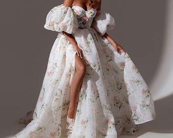 Floral wedding dress. Princess' dress | Organza wedding dress | Lush wedding dress | dress with train | maxi dress with slit