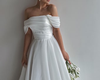 Long organza wedding dress, Drop Sleeve Organza Wedding Dress, Off Shoulder Wedding Dress, dress with train, elopement dress, romantic dress
