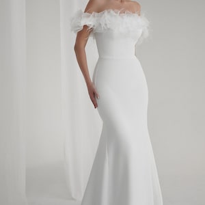 White satin Off-Shoulder Bridal Gown with small Tulle Sleeves. Simple open back slinky mermaid wedding dress with train and square neckline