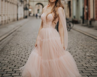 Enchanting Blush Tulle Ball Gown with Delicate Bodice Layering and Soft Voluminous Skirt - Romantic Wedding & Fairytale Bridal Dress