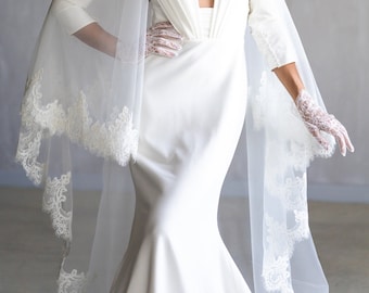 Cathedral Length Tulle Veil with Exquisite Lace Edge, Luxurious Chapel Bridal Veil for the Classic Bride,  lace wedding veil, fingertip veil