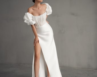 Elegant Off-Shoulder white satin Bridal Gown with pearl Beaded Corset and Satin High-Slit Skirt