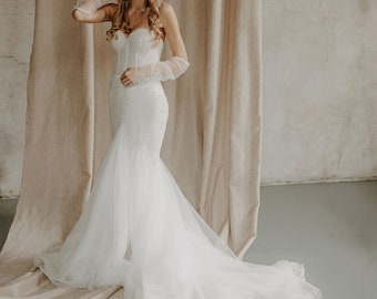 Mermaid Tulle A-Line Bridal Gown with Sweetheart Neckline, Beaded Lace Corset & Long Flowing Train wedding dress, sexy Mermaid gown