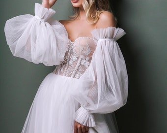 Luxurious HIBI A-Line Bridal Gown with Sheer Puff Sleeves and Elegant Lace Detailing