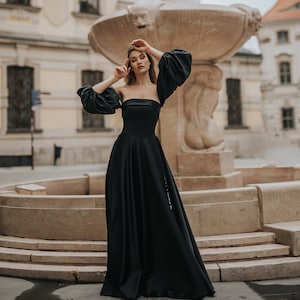 Elegant Black Satin Evening Gown with Lantern Sleeves and Slit Prom Dress, Guest party dress, Formal Ball Gown, graduation dress image 1