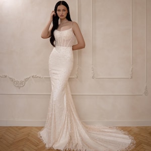 Elegant Wedding Gown Bridal Dress, Pearls Mermaid Gown, Tulle Train Wedding Dress, Modest Romantic Corset Bridal Dress