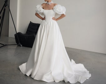 Sophisticated Satin A-line Bridal Gown with Organza Bolero, Chic Off-Shoulder Low Back Wedding Dress with Train, corset wedding dress