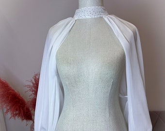 Elegante bruidsbolero met afneembare chiffonmouwen, pure bruiloftsbolero, witte bruidstopper met lange mouwen, chiffonbolero, bruidsmouwen