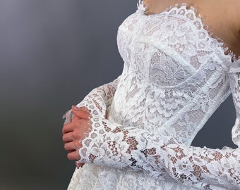 Bridal Gown with Delicate Lace, Boho lace wedding dress, Romantic wedding dress, Dress with Sleeves, Wedding Dress with Long Lace Skirt