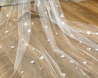 Custom order! Wedding Tulle Veil with 3D Flowers, Long Bride's Veil, Delicate Flower Embroidery, Veil with Blusher Width veil - 300cm/118''