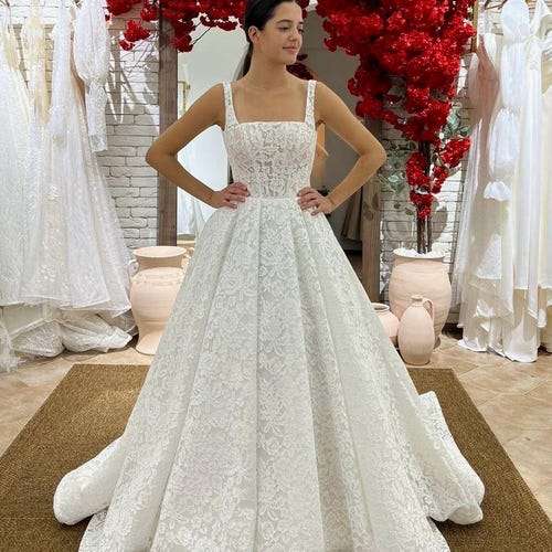 Elegant Lace Wedding Dress, A-Line Bridal Gown, French Corded Lace Dress, Square Corset Dress, Ball Gown Wedding Dress Elegant Lace Wedding Dress, A-Line Bridal Gown, French Corded Lace Dress, Square Corset Dress, Ball Gown Wedding Dress