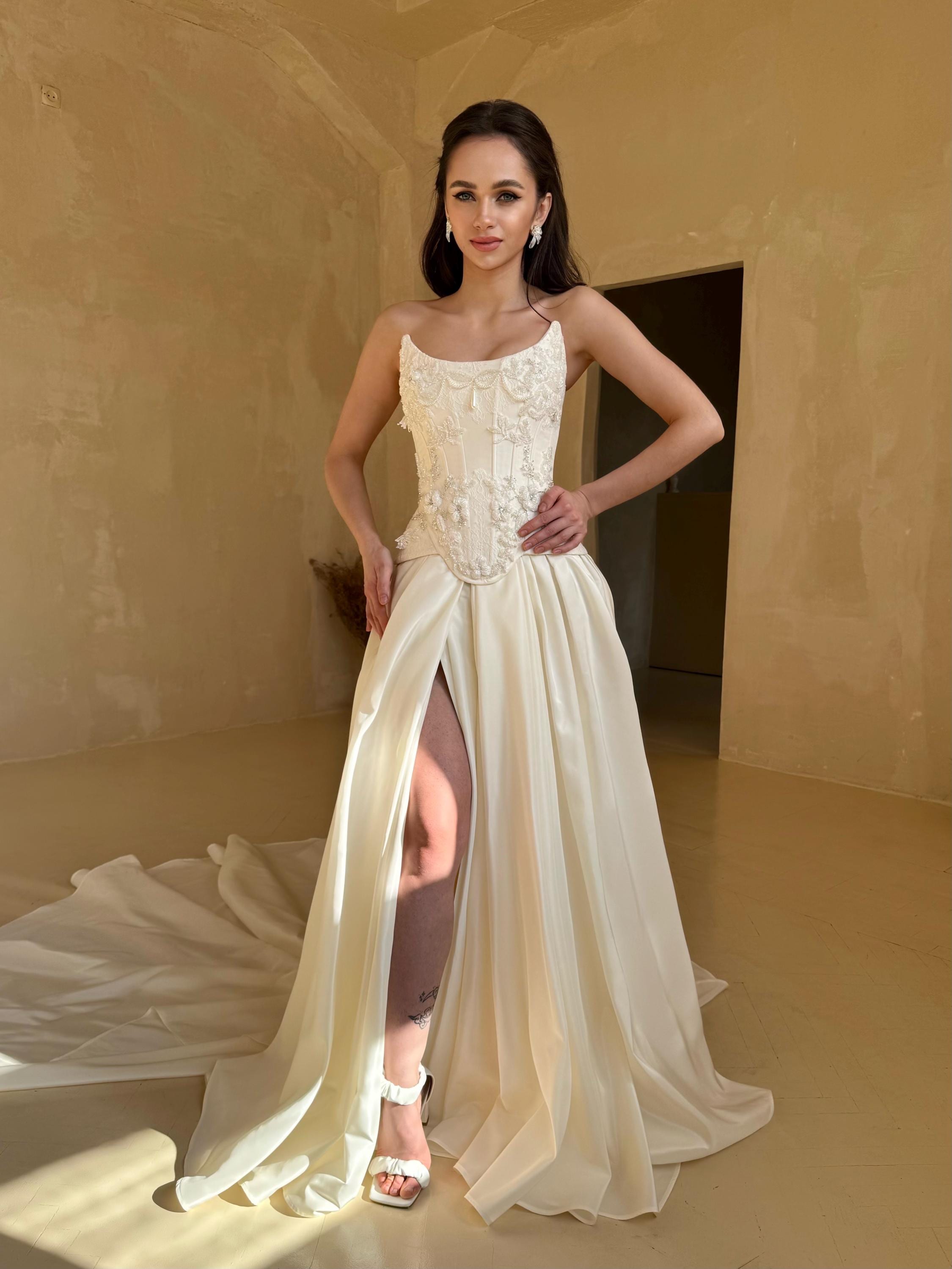 ivory corset dress Satin with Lace Bodice Vintage Romantic Elegance Ivory / S The bustier bodice and corseted shaped waist create a captivating silhouette Luxury Ivory Corset Wedding Dress
