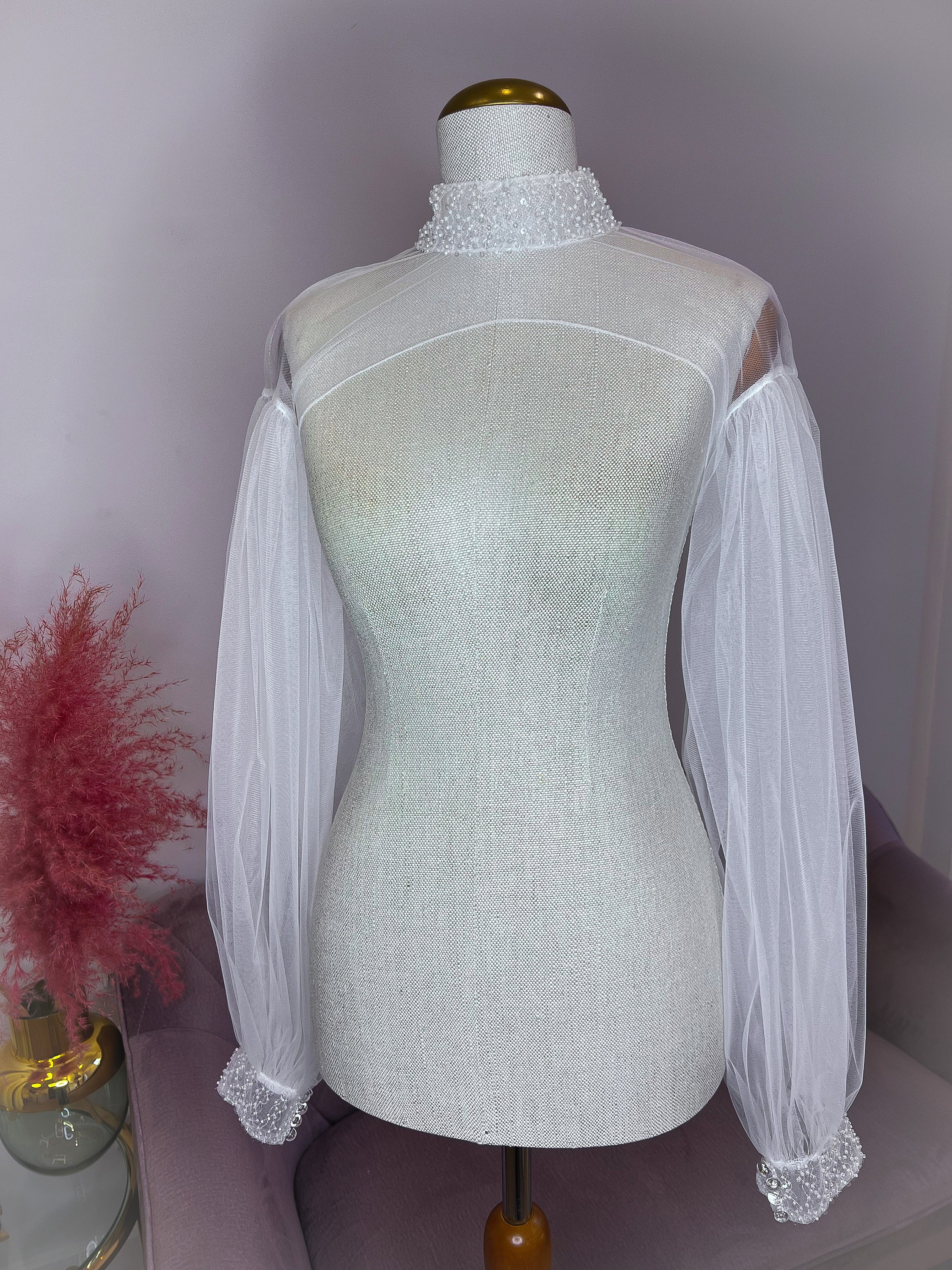 Romantic Tulle Bolero, Bridal Puffy Long Sleeves, Detachable Sheer Wedding Sleeves, White Fingerless Gloves, dress topper, wedding bolero