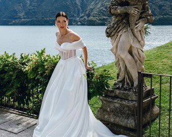 White simple A-Line Princess Bridal Gown, Sweetheart Neckline, satin classical Wedding Dress with train. glamour luxury open back dress