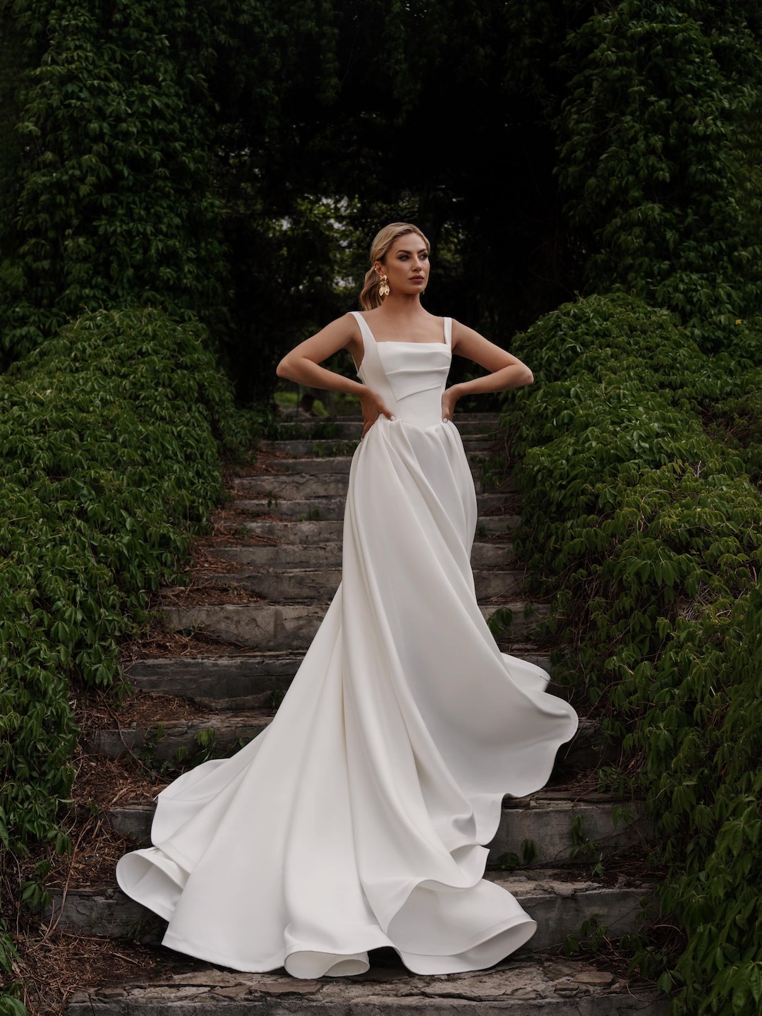 Buy Princess Satin Wedding Dress With Corset Back, Draped Neckline, Straps  Pleated Skirt – Elegant Ball Gown for Modern Bride Online in India