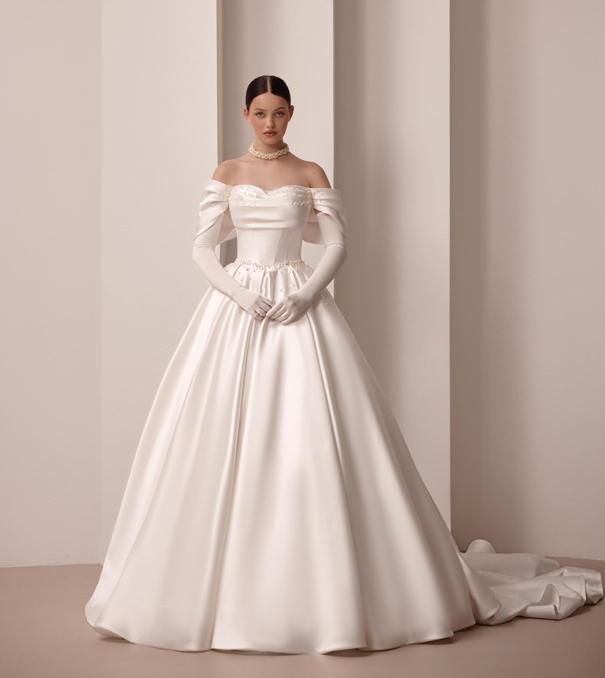 Wedding Dress - Off-Shoulder Satin Ball Gown with Pearls