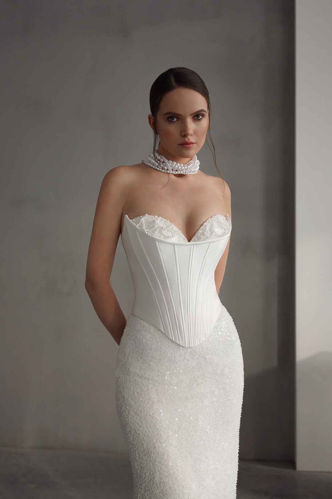 Chic Pearl encrusted Corset Bridal Gown Elegant Mermaid Wedding Dress 