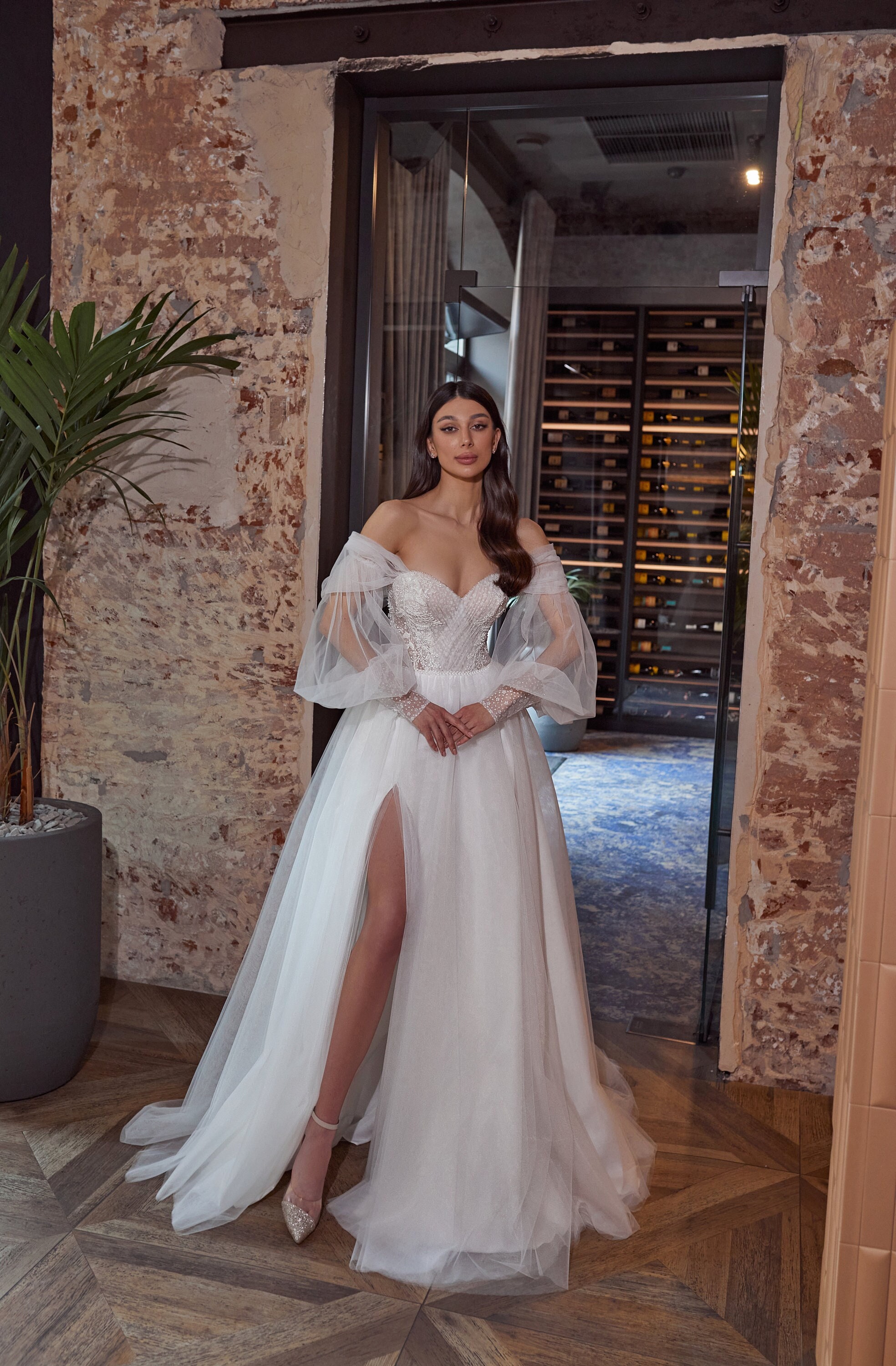 Elegant Off-shoulder Lace Bridal Gown With Sheer Puff Sleeves and 