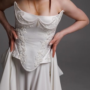 Luxury Victorian Corset Top and Chiffon Skirt – Handmade Beaded Satin Corset – Pearl Embellished Corset – Bridal Corset Set – Couture Fashio