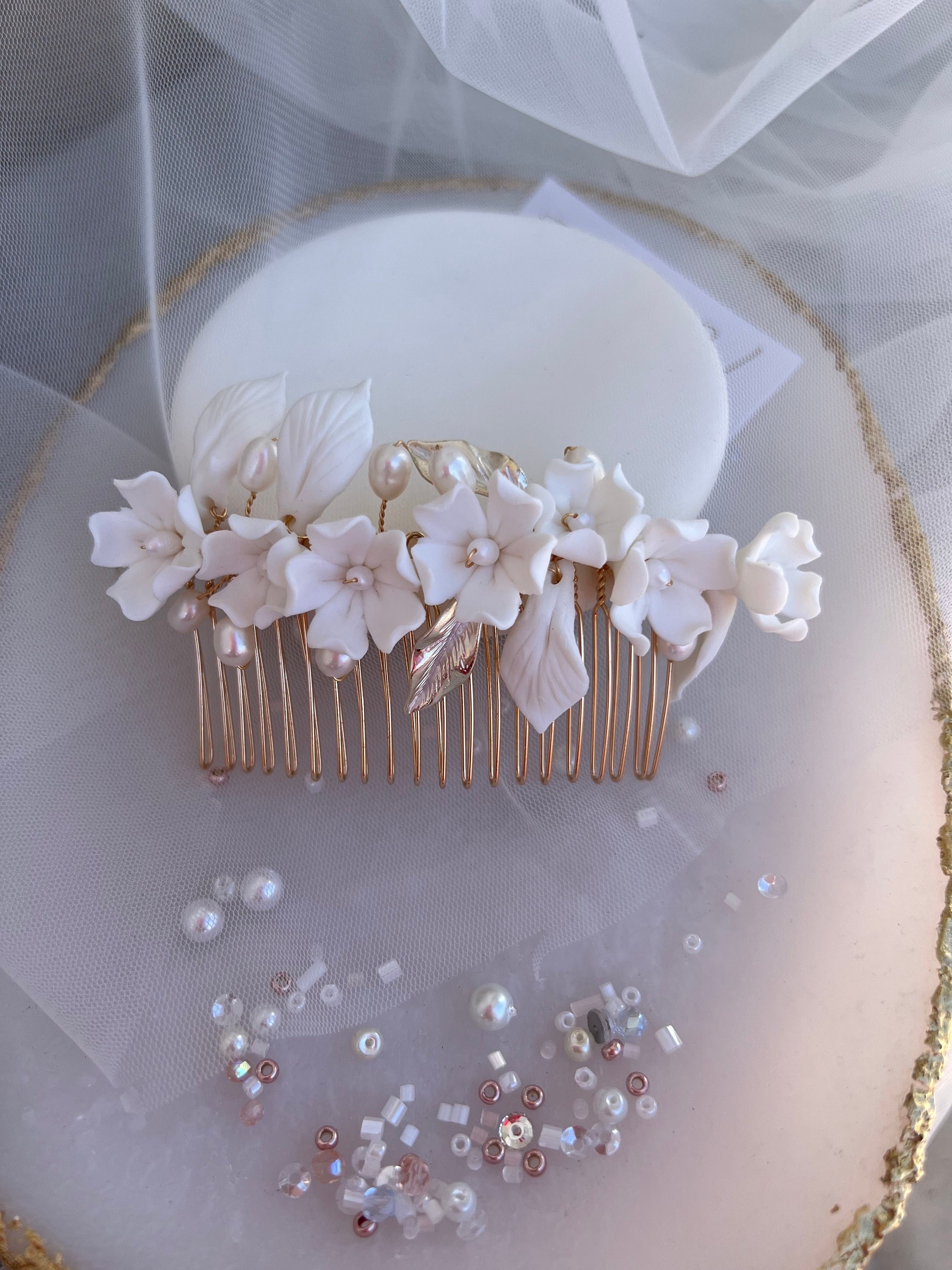 値下げしました！桜の花とパールのヘアコーム セラミックホワイト 