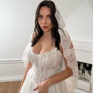 Lace Wedding Veil with Floral Corded Edge | Cathedral Length Bridal Veil | Long Ivory Lace Veil | Wide Tulle Veil with Comb | Custom Veil