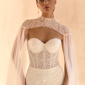 Beaded Bridal Gown with Cape, Sweetheart Neckline, Sleeveless Mermaid Lace Corset Dress, Romantic Train Wedding Dress