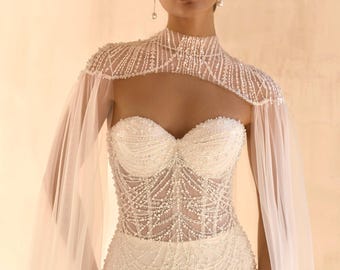Beaded Bridal Gown with Cape, Sweetheart Neckline, Sleeveless Mermaid Lace Corset Dress, Romantic Train Wedding Dress