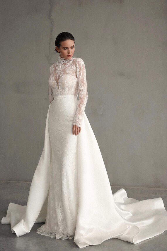 chinese dress ladies Short Satin Sheath Wedding Dress With High Low Lace Overlay  WenLeeBridal
