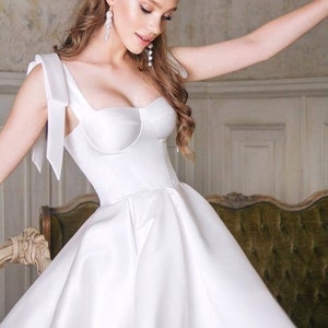 Chic BERYLUX Short Wedding Dress, Elegant Bridal Gown, Modern Bow-tied sleeves, Satin Reception Dress, courthouse wedding, elopement dress image 1