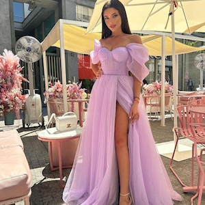 Lavendel Off Schulter Abendkleid, Oberschenkel Schlitz Kleid, Tüll Abendkleid, Brautjungfer Kleid oder Abschlusskleid, Ballkleid, Brautjungfer