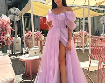 Lavender Off Shoulder Evening Dress, Thigh Slit Evening Dress, Sunscreen Tulle Prom Dress, Bridesmaid Dress or Graduation Dress, Wedding