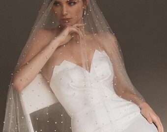 Pearl Scatter Bridal Veil - Sheer Elegance with Glitter Base Option, Luxurious Non-Chinese Tulle 150cm Wide white ivory off-white